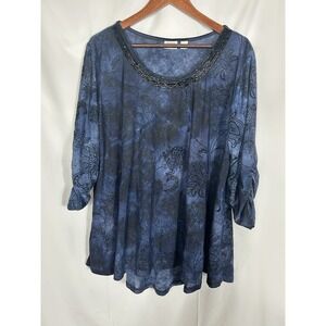 Cato Womens Top 18/20W Blue Velvet Burnout Sheer Beaded Witchy Whimsigoth Fairy